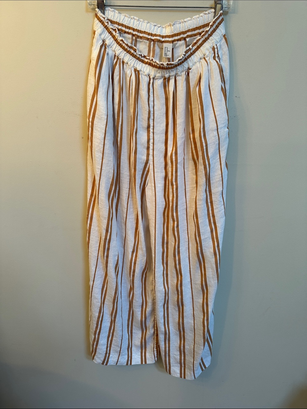 H&M Linen Blend Wide Leg Pants – Cream w/Brown Stripes, Paperbag Waist, Size 10